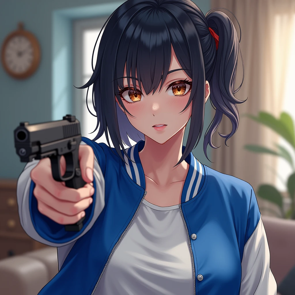 Wide depth of focus, Living Room Background, Full body image,, fragment, Soft and feminine royal blue and white satin bomber jacket, A woman posing with a pistol pointed at a target near her face., Combat Stance,Near perfect, Pure Form, Intricate details, Highly detailed and intricate anime style, High resolution, Very detailedな, Popular Topics on ArtStation,, Studio Photo, Intricate details, Very detailed, Both the woman and her pistol are in focus