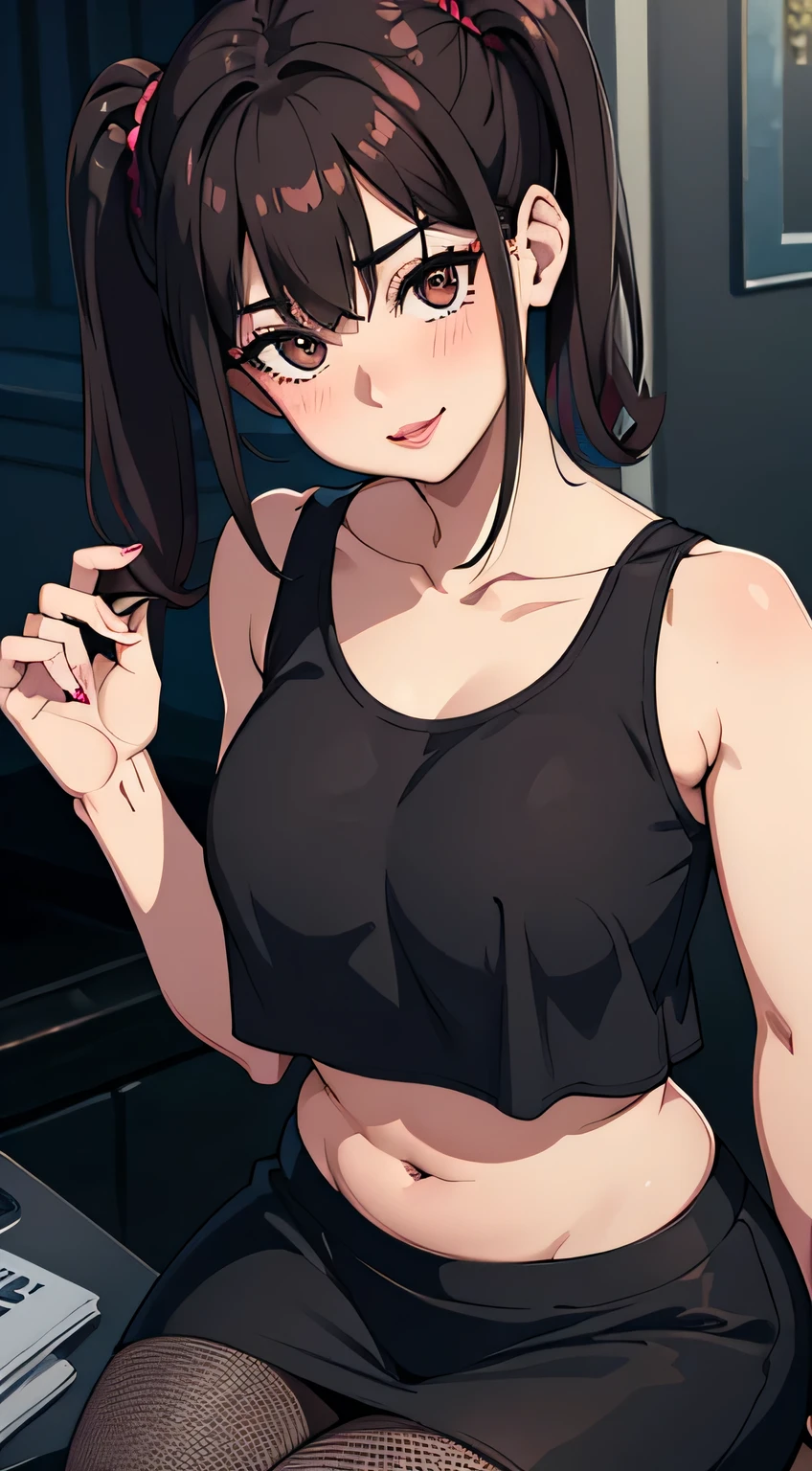 Amazing portrait of a woman who is 30 years old and an adult and a sexy and cute woman with black hair in two pigtails with a beautiful and plump face with seductive brown eyes and medium nose with a deep pink blush and glossy red lips smiling with a long neck and visible collarbone wearing a tight red t crop top showcasing her medium chest and midriff and abs and a black skirt with black fishnet leggings sitting on a table in an intimate moment during night time with soft lighting showcasing her red lips and her beautiful face in detail and close up 