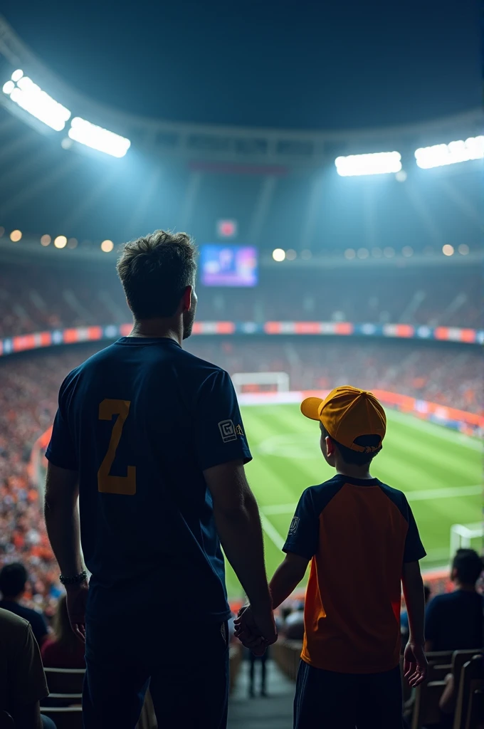Father and son looking at a football stadium at night