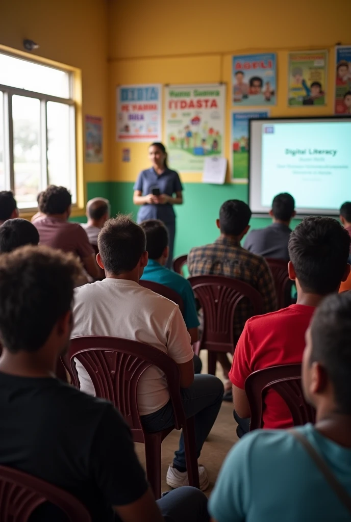 A group of people gathered in a neighborhood hall with a young 25-year-old speaker presenting a slide titled: Digital Literacy. In Portuguese, From Brazil. The environment is a neighborhood environment, without luxury. People wear basic everyday clothes and the speaker wears basic everyday clothes. People are sitting in chairs looking at the speaker. Photo details in Portuguese, From Brazil.