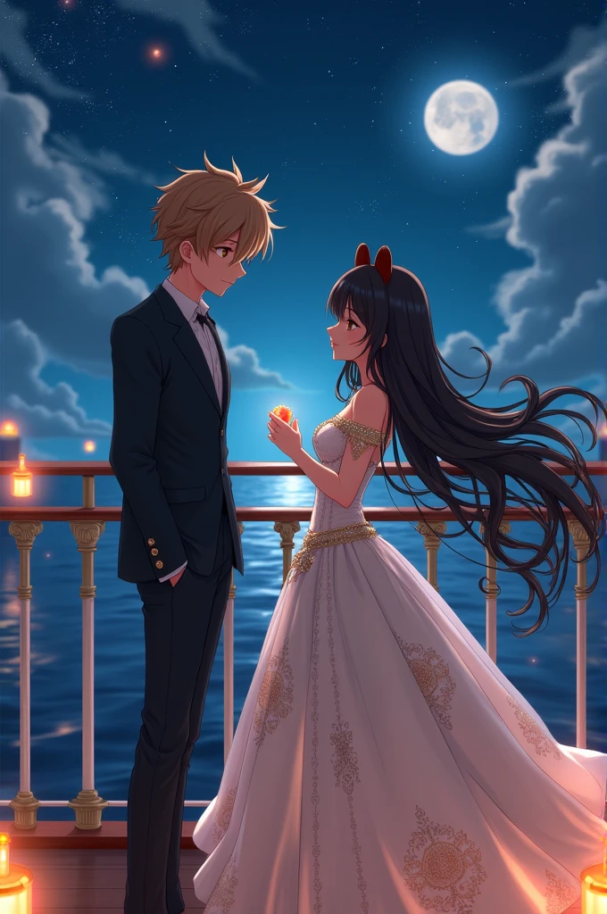 An anime man with brown-blonde hair and he is wearing a suit and he is proposing to an anime woman with long black hair and brown cute bear ears and she is wearing a fancy dress and they are standing in a ship at night time
