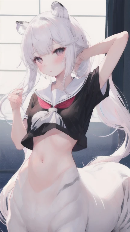 (best quality, masterpiece), 1 girl, centaur, I beg, White skin, Korean schoolgirl,  ,black pink, exposing the abdomen, belly button t-shirt, beautiful girl perfect, White tiger photo, 완벽한  White tiger photo