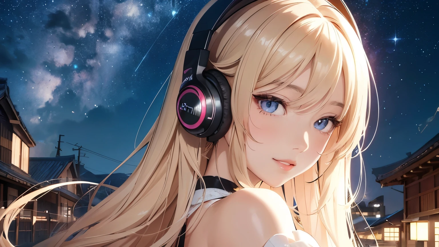 masterpiece, highest quality, High resolution, high quality images, 8K, 1 female, skin luster, Texture of skin and clothing, Expression of fine eyes, Shiny latte colored hair, long hair girl, Manga inspired by Lee Jong-suk, trending on deviantart, realism, detailed manga style, manga art style, perfect line drawing, beautiful line drawing, digital manga art girl, K-POP idle, dress, beautiful pink eyes, plump lips, detailed gorgeous face, (cute smile), charm, innocent, Side view, (perfectly detailed face), (fine hands), photorealistic images, Depth of written boundary, half up hairstyle, kimono, Japan, Beauty against the backdrop of an ancient city, ((headphones)), ((The background is starry sky)),