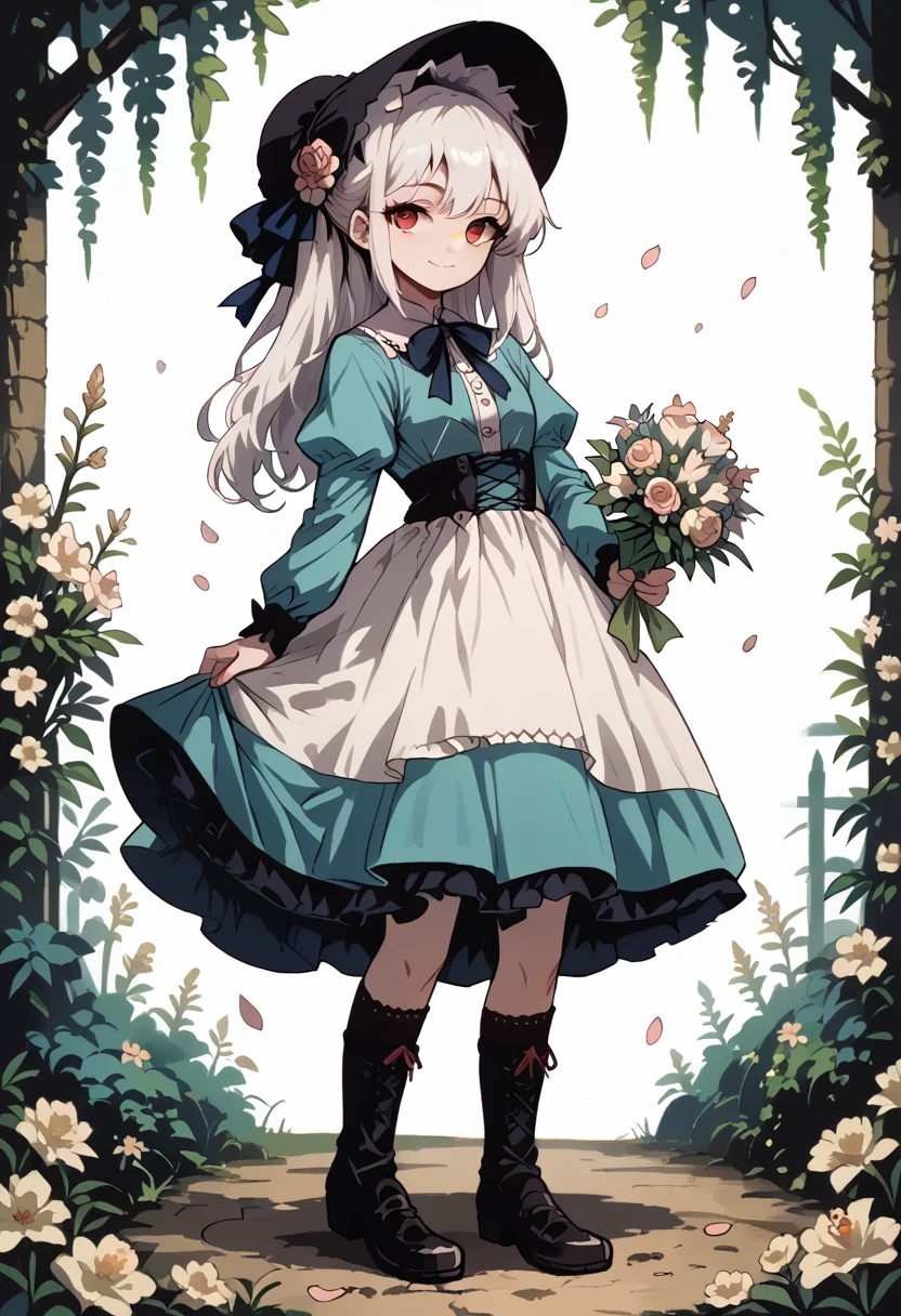 masterpiece, best quality, 1girl, solo, long_hair, looking_at_viewer, white hair, red eyes, smile, bangs, skirt, shirt, long_sleeves, hat, dress, bow, holding, closed_mouth, flower, frills, hair_flower, petals, bouquet, holding_flower, center_frills, bonnet, holding_bouquet, tachi-e, full body, white background,  