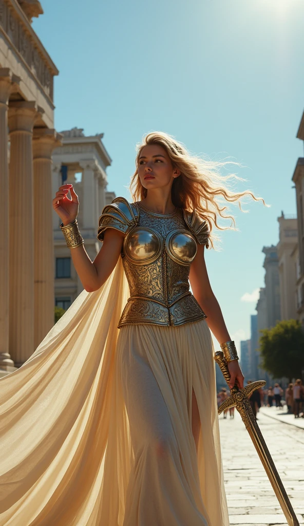 Beautiful female angel standing in the modern city of Athens, whole body, Wearing ancient Greek armor of leather, Holding a sword in his hand, Daytime, whole body