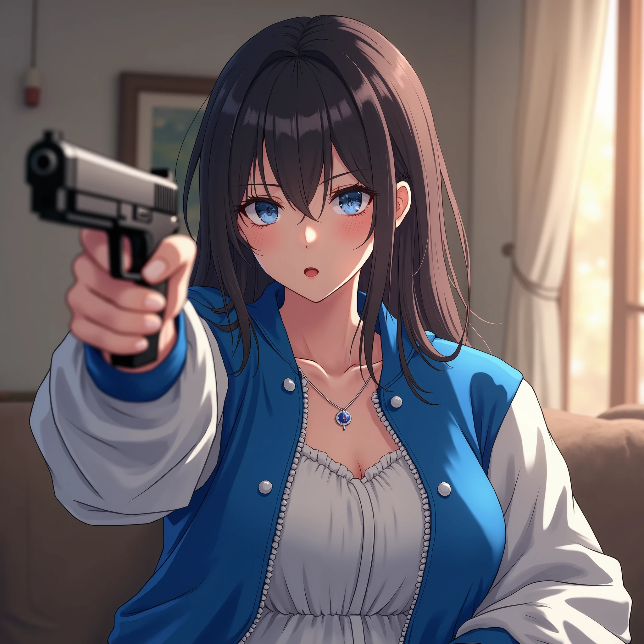 Wide depth of focus, Living Room Background, Full body image,, fragment, Soft and feminine royal blue and white satin bomber jacket,  A woman posing with a pistol pointed at a target near her face., Combat Stance，Near perfect, Pure Form, Intricate details, Highly detailed and intricate anime style, High resolution, Very detailedな, Popular Topics on ArtStation,, Studio Photo, Intricate details, Very detailed, Both the woman and her pistol are in focus