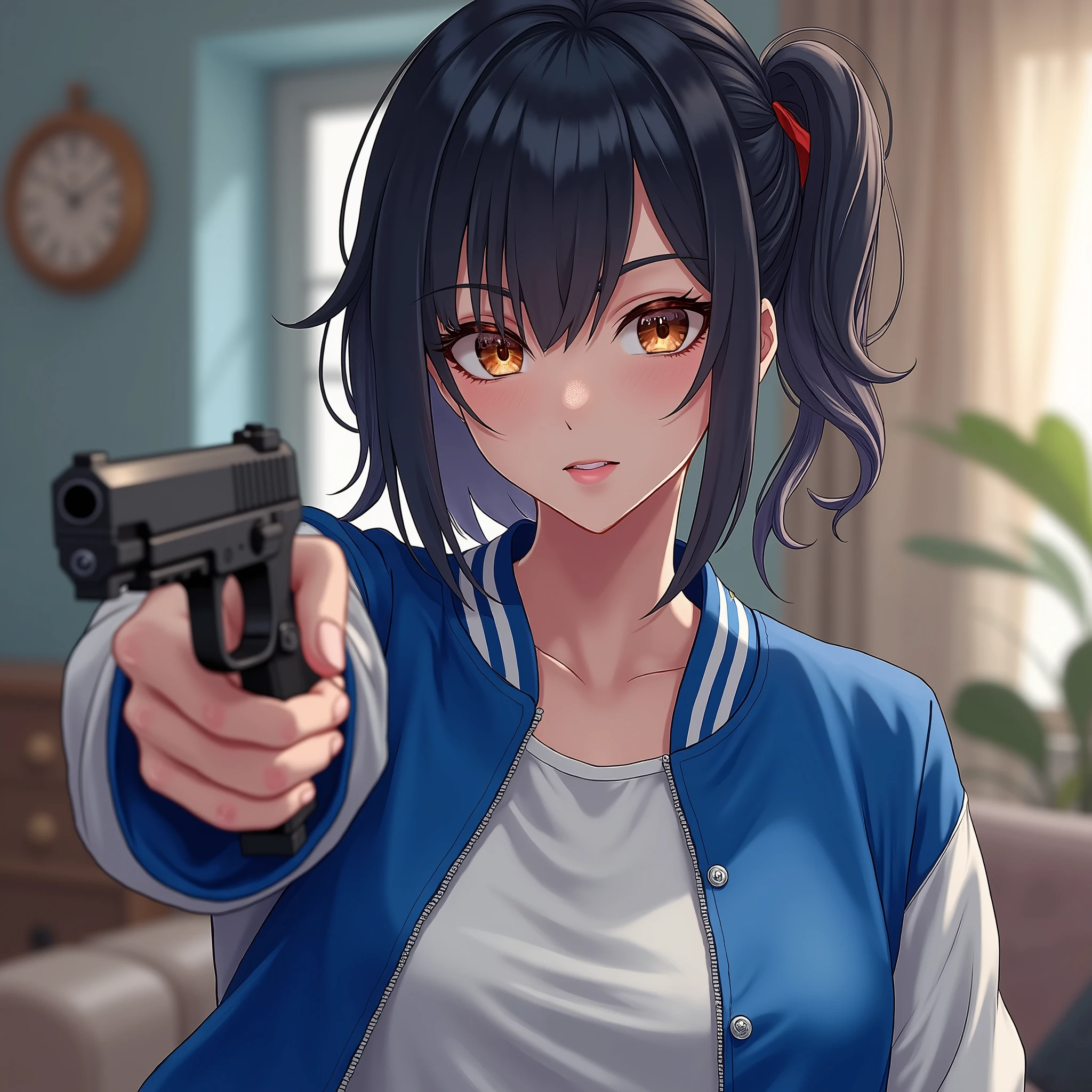 Wide depth of focus, Living Room Background, Full body image,, fragment, Soft and feminine royal blue and white satin bomber jacket, A woman posing with a pistol pointed at a target near her face., Combat Stance,Near perfect, Pure Form, Intricate details, Highly detailed and intricate anime style, High resolution, Very detailedな, Popular Topics on ArtStation,, Studio Photo, Intricate details, Very detailed, Both the woman and her pistol are in focus