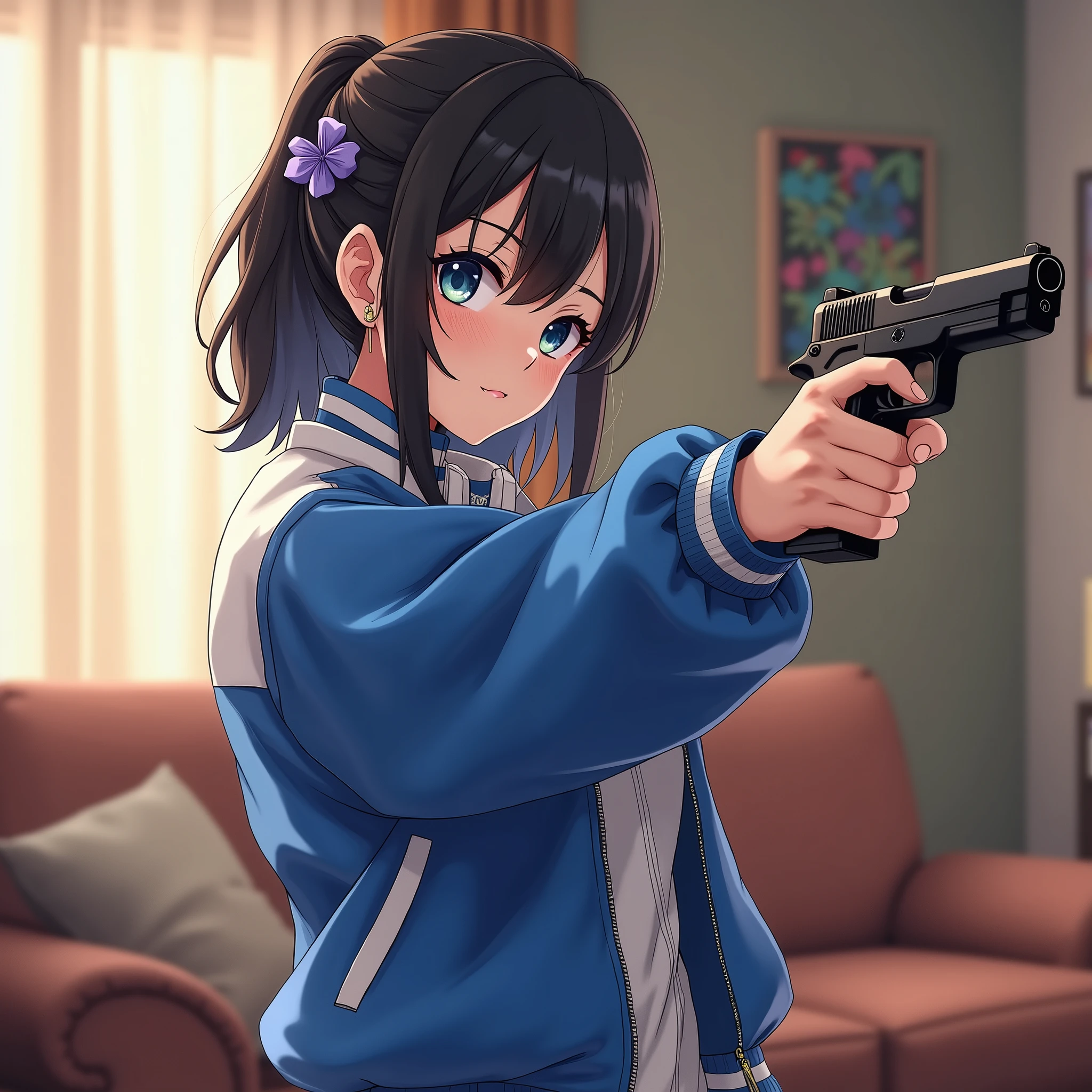 Wide depth of focus, Living Room Background, Full body image,, fragment, Soft and feminine royal blue and white satin bomber jacket, A woman posing with a pistol pointed at a target near her face., Combat Stance,Near perfect, Pure Form, Intricate details, Highly detailed and intricate anime style, High resolution, Very detailedな, Popular Topics on ArtStation,, Studio Photo, Intricate details, Very detailed, Both the woman and her pistol are in focus