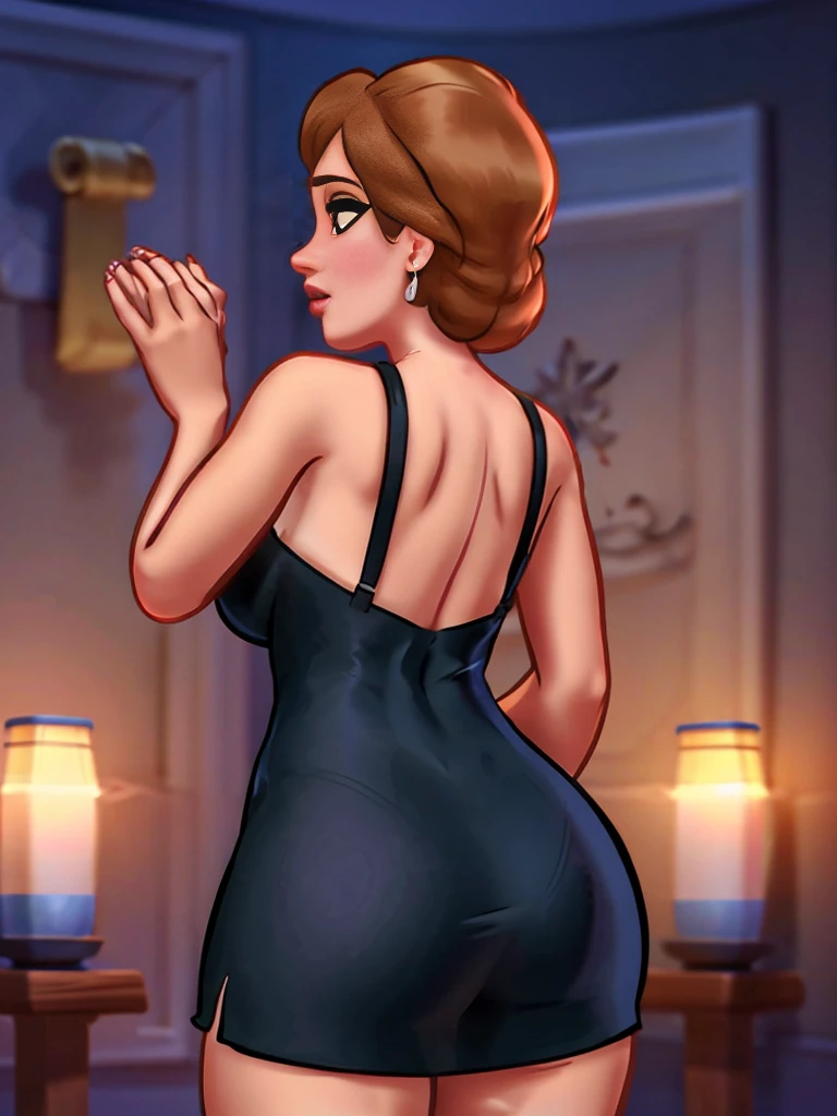 a photo of anna of arendelle from behind, angle from behind, pawg, perfect ass, highly detailed, intricate details, ultra-realistic, 8k, photorealistic, hyper detailed skin, 3d, realistic, studio lighting, high quality, elegant, beautiful, mesmerizing, exquisite, vivid colors, beautiful colors, masterpiece, stunning, elegant, graceful, sensual, erotic, alluring, captivating, dress, sfw