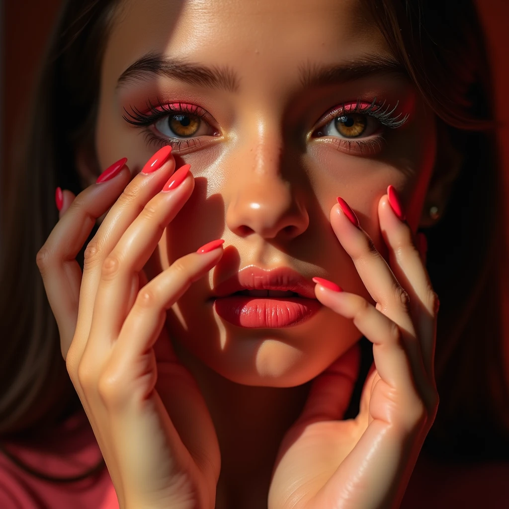 Close-up of Hands, advertising photography, Hand model of young girl, showcasing cosmetics with hands, smooth skin. studio lighting, RAW photo, dynamic movement, captivating chiaroscuro, award-winning, (masterpiece, best quality, photorealistic, Professional, perfect composition, very aesthetic, absurdres, ultra-detailed, intricate details:1.3)