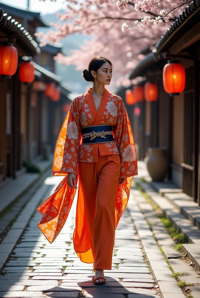 "A Japanese female model gracefully walks through the ancient streets of Kyoto, embodying a perfect fusion of traditional elegance and modern fashion. She wears a mode-style outfit, featuring the smooth, flowing lines reminiscent of a kimono, yet tailored with a contemporary edge. The ensemble is predominantly classic, with a striking accent of color that adds a bold twist to her look. Her attire represents a new fashion paradigm, seamlessly blending the timeless charm of Kyoto with the innovative spirit of modern style. The model's steps are light and confident, capturing the essence of movement and elegance in this historic setting."