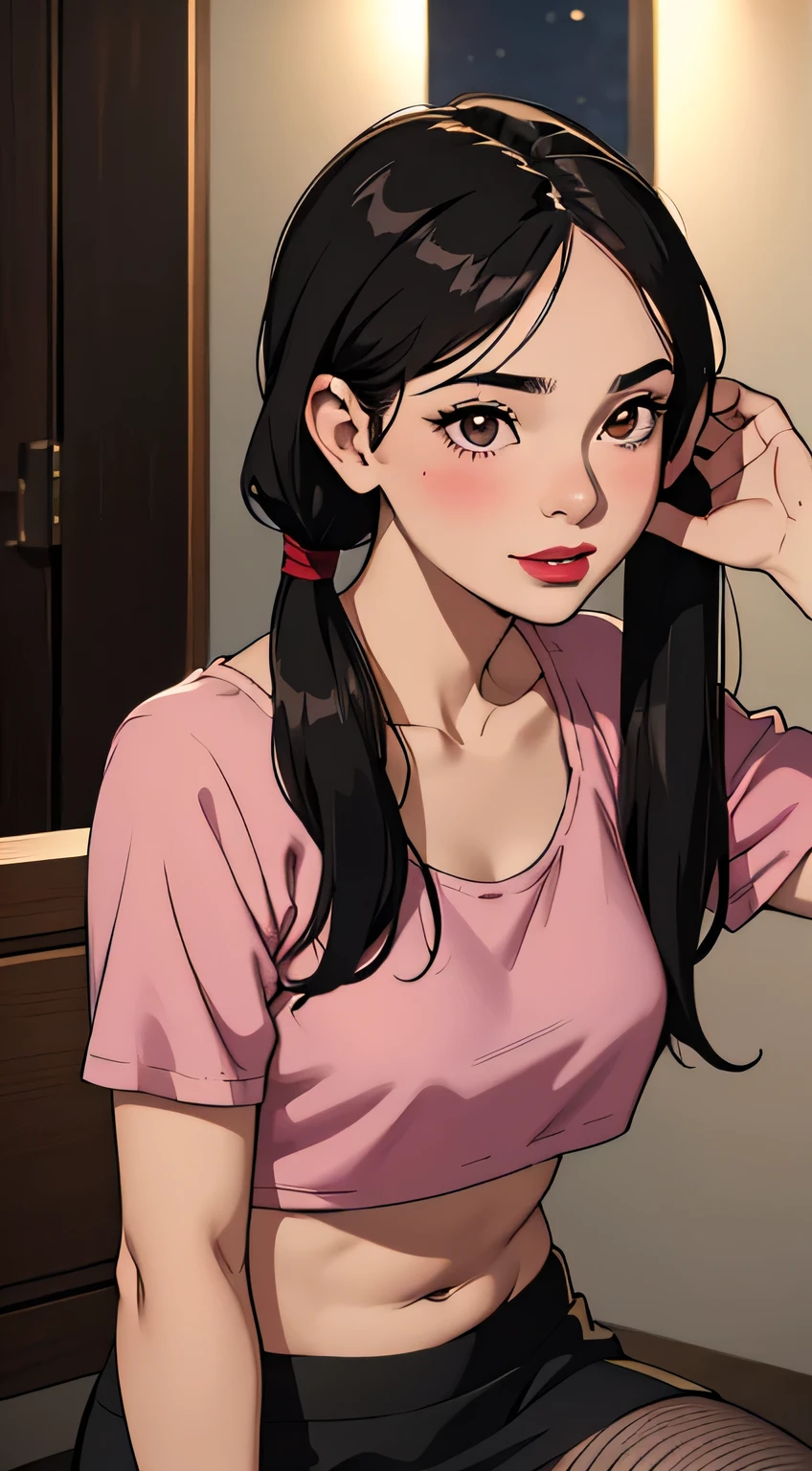 Amazing portrait of a woman who is 30 years old and an adult and a sexy and cute woman with black hair in two pigtails with a beautiful and plump face with seductive brown eyes and medium nose with a deep pink blush and glossy red lips smiling with a long neck and visible collarbone wearing a tight red t crop top showcasing her medium chest and midriff and abs and a black skirt with black fishnet leggings sitting on a table in an intimate moment during night time with soft lighting showcasing her red lips and her beautiful face in detail and close up