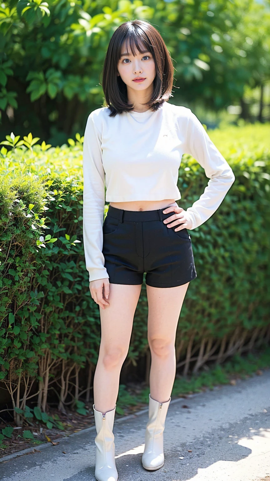 (8k、RAW Photos、Highest quality、masterpiece:1.2)、(Realistic、Realistic)、1 person、((White sweater、Black shorts、Medium Hair、garden、garden、Breast enlargement、boots、cool、Thin legs、whole body、View from the front、Looking into the camera、Stand with hands on hips))、cute