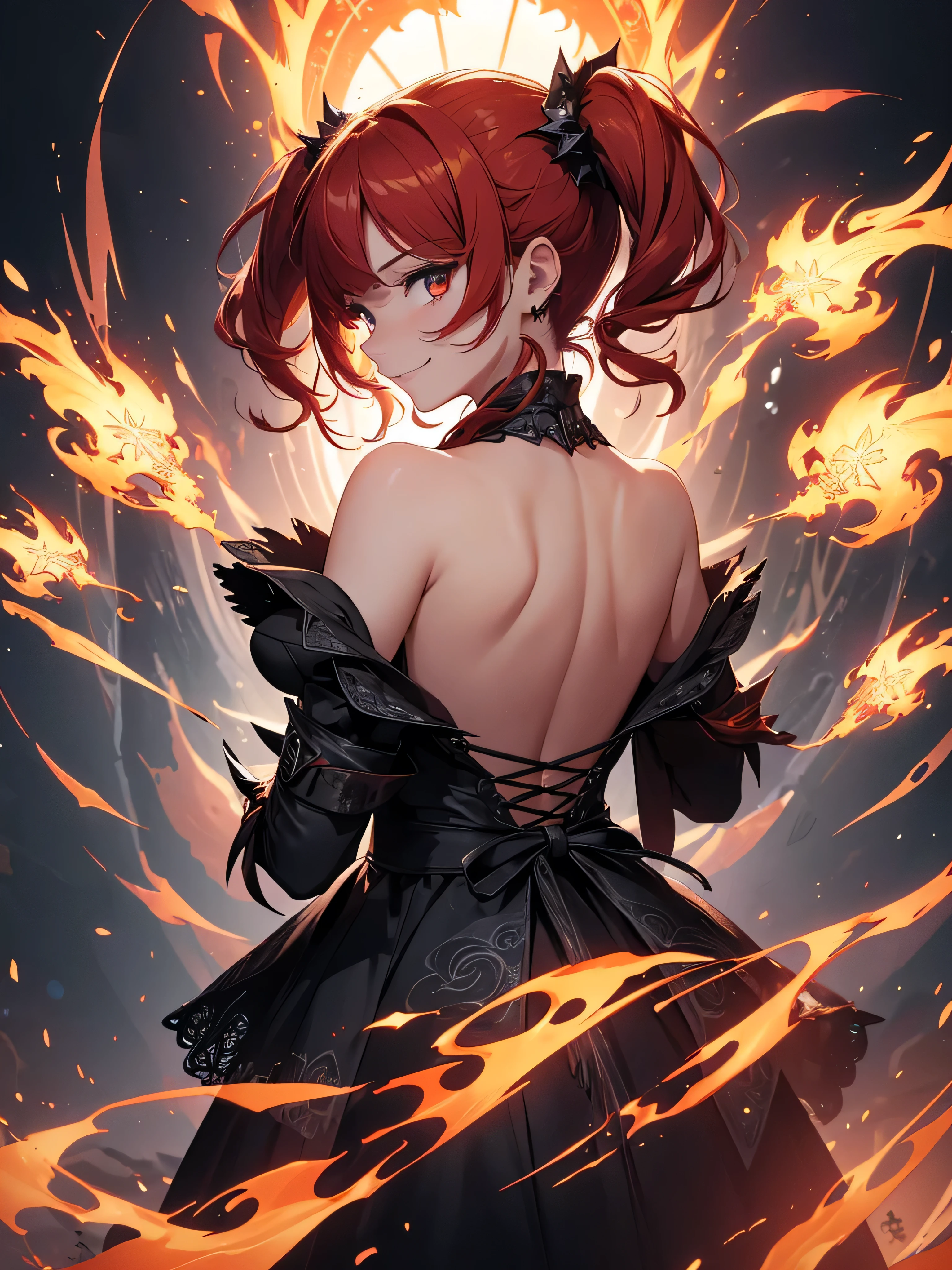 (((best quality, sharp image, clear image, cinematic lighting, 8k resolution, masterpiece, ultra detailed, intricate))) Girl, (((looking over left shoulder))), (shot from behind), ((shot from hip up)), fiery red hair, pigtails, ((intricate black dress)), ((flaming sigils, flaming runes)), spiky rock formations, (flaming lotus flowers frame), (intricate background), ((Phoenix)), (swirling flames), smiling
