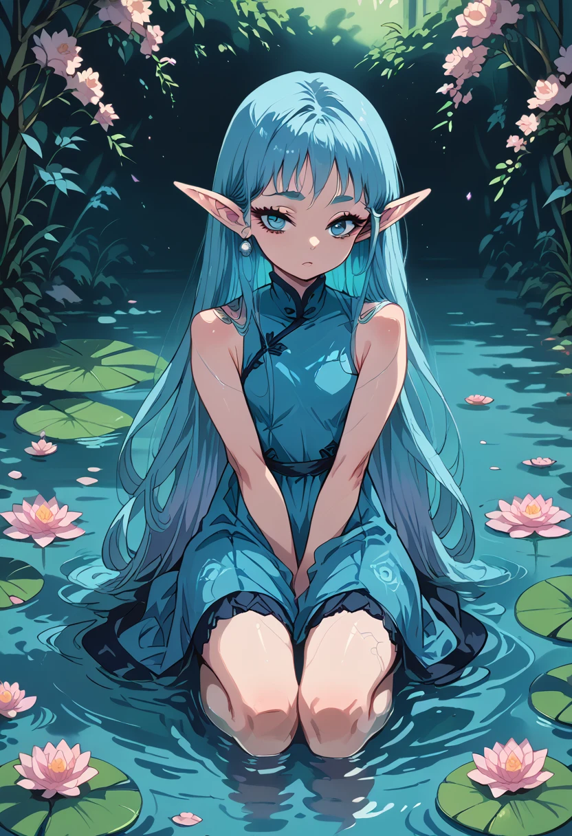 There is a blue dress, 16 long legs, a woman sitting on a rock in the water, standing elegantly on a lotus flower, ethereal beauty, wearing a blue cheongsam, court, a girl in Hanfu, wearing a blue cheongsam, full of fairy Xia, in the pond, white Hanfu, a stunning young ethereal figure, flowing dress, light blue, hair behind ear  