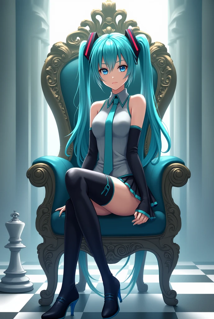 Japanese anime, anime art, anime style, detailed drawing, white background, high definition, high quality, high resolution, chessboard (floor), white king (chess), crown, sceptre, throne, one girl, solo, Miku Hatsune, aqua hair, twintails, head ornament (black / red line), headphones, five fingers, grey shirt, collared shirt, sleveless shirt, black sleeves (aqua line), detached sleeves, aqua necktie, aqua nails, black skirt (aqua line), pleated skirt, mini skirt, zettai ryouiki, thigh boots, black thigh-high (aqua line), Hatsune Miku wearing a crown and holding a long spectre; she sits on the throne; the throne is set on a chessboard. Add one white king chess on the left.