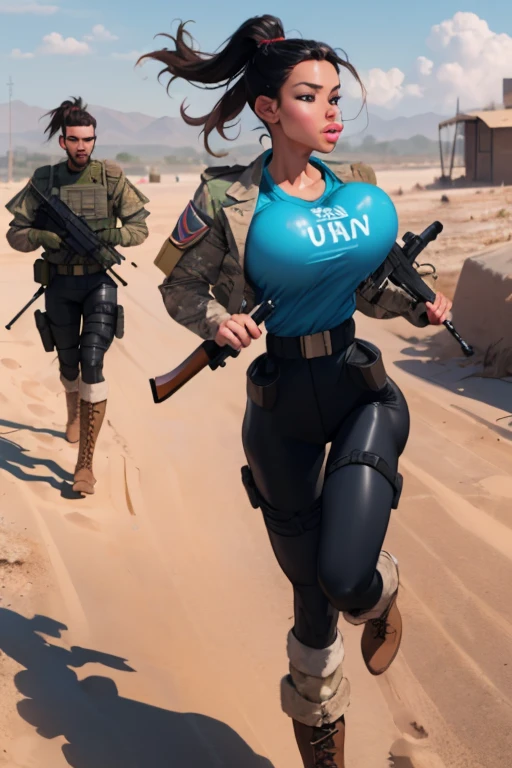 thepit, group of female soldiers, war photography, (cinematic lighting:1.1), highest quality, photo of (group of fully dressed really tanned 20yo sexy muscular female army special forces with taut clothing military top, ponytail hair, running holding a rifle), (bouncing breasts, motion lines, motion blur), too tight military shirt, medium_boltedontits, perfectly round breasts, breast implants, unaligned breasts, perfect face, parted lips, dumb expression, (wearing military Combat uniform, battlepack, boots:1.2), athletic body, on the battlefield, fake tits, bootsnutes