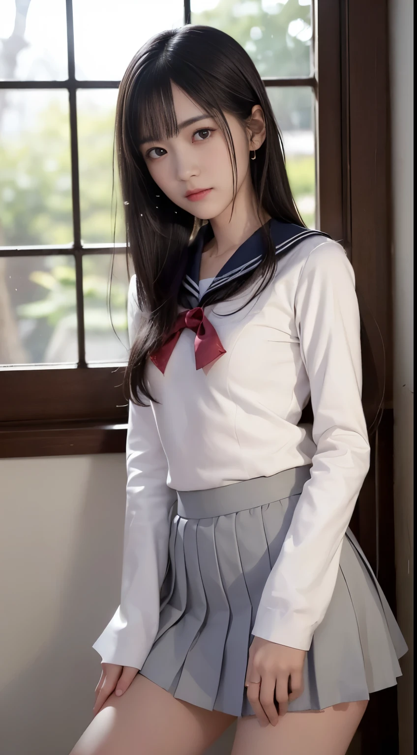 Sister type girls,Portable Wallpapers,Super beautiful photo,Little sister waiting to be picked up at the school gate,Red Eyes,FULL ANATOMY,Woman like a goddess,Highly detailed background,Realistic,hyperdetailed face,Detailed beautiful face and eyes,retinas, masutepiece, ccurate, Anatomically correct,Tsurime, Textured skin, Super Detail, high details, High quality, awardwinning, Best Quality, hight resolution, 8k,ultimate beauty girl,loose coat collar sailor uniform, thin head,magical school student uniform, japanese girl school uniform,((small tits:1.7,Thin leg,skinny thigh:1.4)),slim figure,extremely detailed eye and face、beatiful detailed eyes,Tsurime,Beautiful skins,The brilliance of details、((smooth hair,detailed hairs,Very fine hairs)),(Knee-length skirt:1.7),1girl in,Thin leg,Beautiful legs,solo,Wearing underwear,Smaller face,realistic facial expression,(Face to feel:1.6),Enchanted,Raw photo of pale skin,Shyness,Longing for love,((Cool color makeup,Lowered eyebrows、Whitening effect,thin and thin eyebrows,((Ephemeral Girl,A look tinged with joy)),Very soft lighting,Eight-headed body,light glow,According to II,Lens Flare,Sharpen,cinematic shadow,Changing the time zone when shooting.Kantai Collection Style,Junior Idol