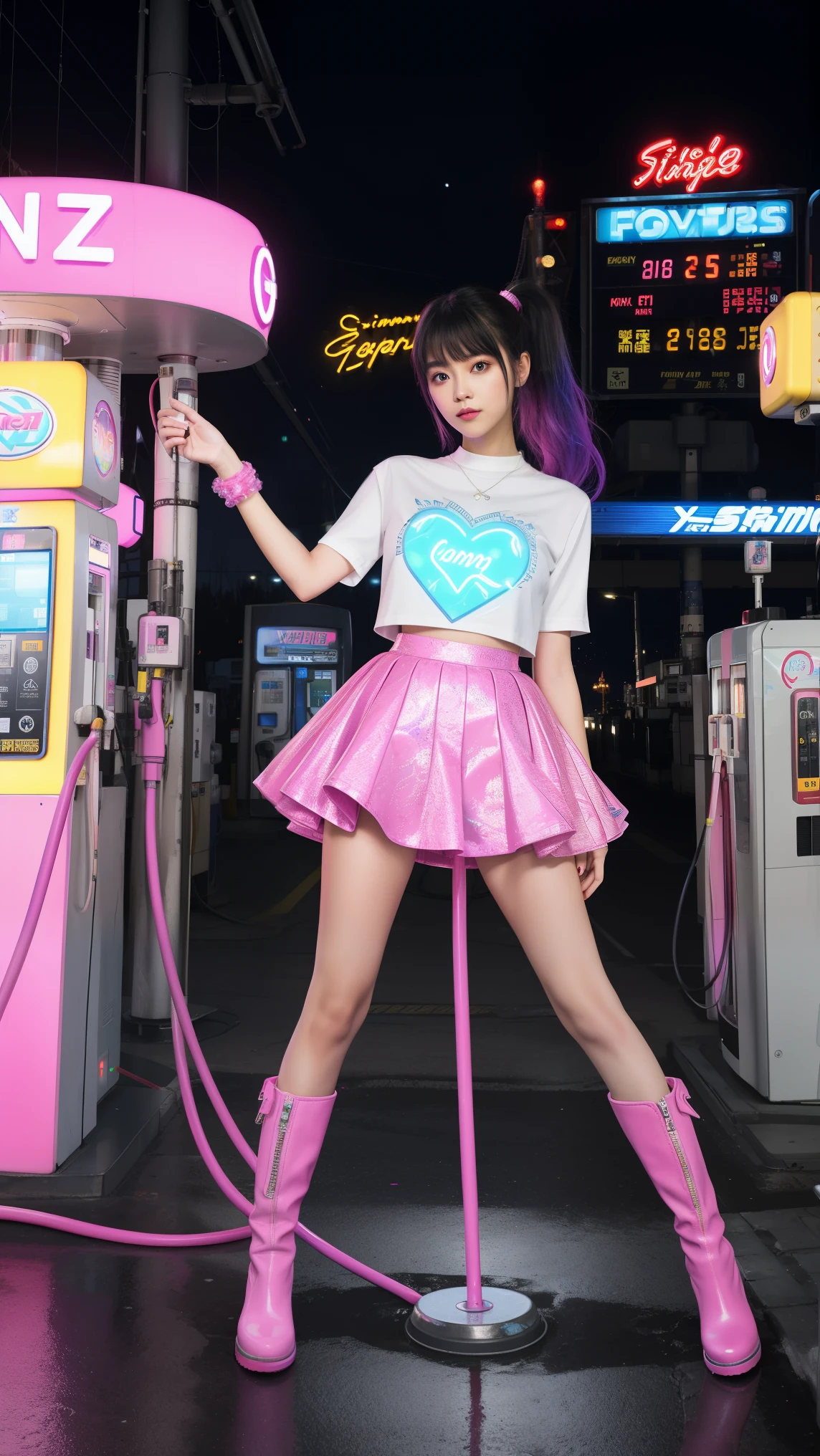 futuristic young woman, The dazzling costume、in a surreal atmosphere々Standing, Neon lights shine at the gas station. Gasoline pump, adorned with star, Floating in the air, The hose swings playfully. Vibrant pink and purple hues spread, Creates a surreal and otherworldly atmosphere, Monitiered layered skirt, Pink Boots, White pink heart print top, Unusual fashion choices, Black low ponytail with bangs