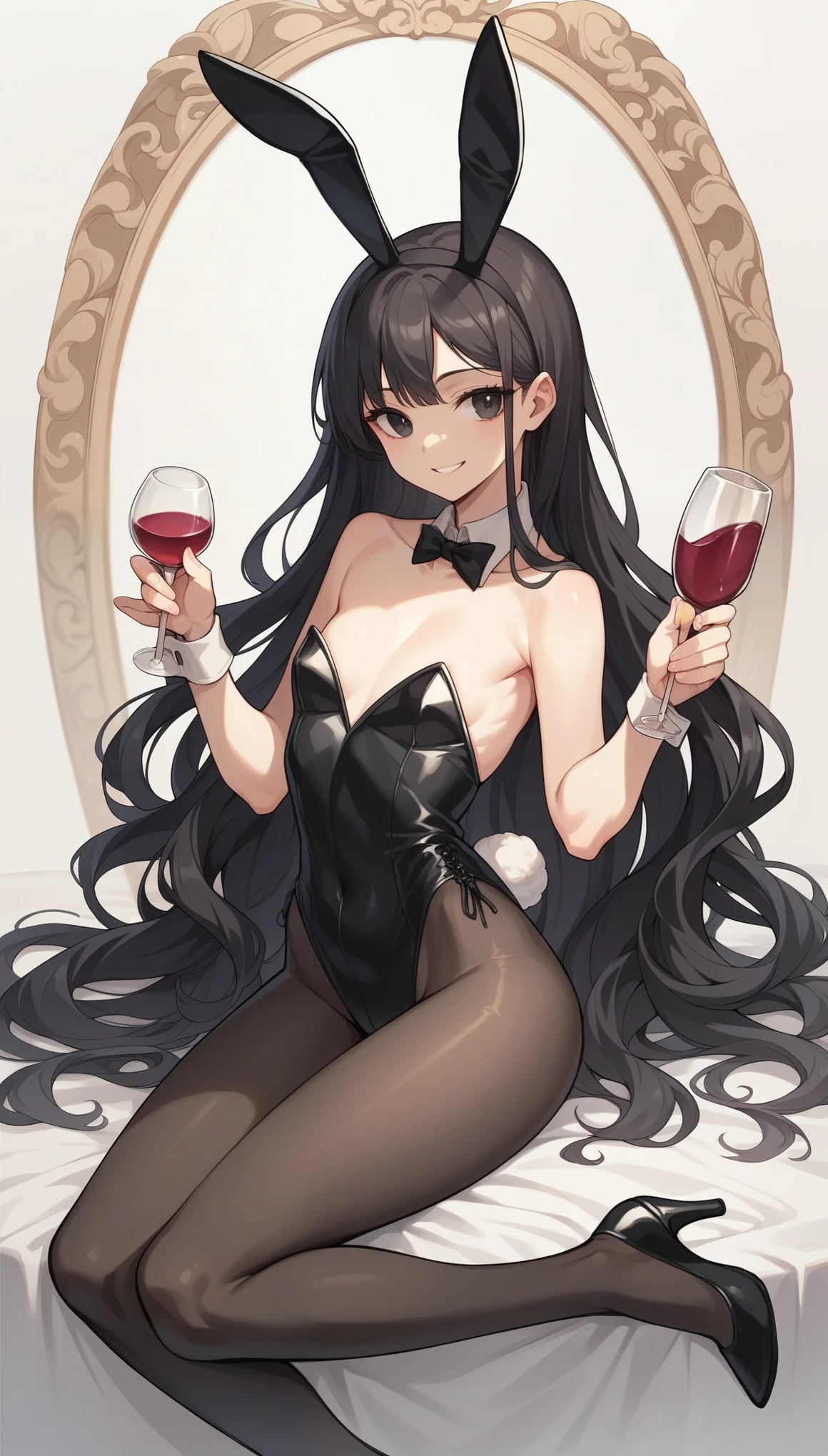 masterpiece, best quality, ultra detailed 8k, beautiful woman, (black long hair), 30 years old, black eyes, smile, small breasts, flat chest, wide hip, (holding a wine glass and a wine bottle), 
BREAK
(playboy bunny, black leotard, (black tights), bunny ears hairband, high heels), (at luxury lounge,  luxury furniture)