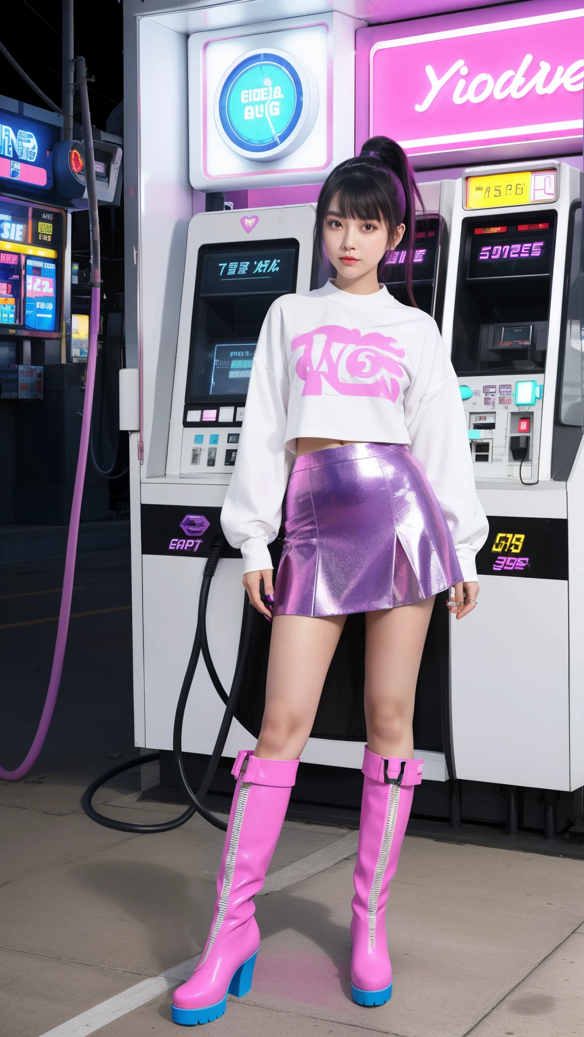futuristic young woman, The dazzling costume、in a surreal atmosphere々Standing, Neon lights shine at the gas station. Gasoline pump, adorned with star, Floating in the air, The hose swings playfully. Vibrant pink and purple hues spread, Creates a surreal and otherworldly atmosphere, Monitiered layered skirt, Pink Boots, White pink heart print top, Unusual fashion choices, Black low ponytail with bangs