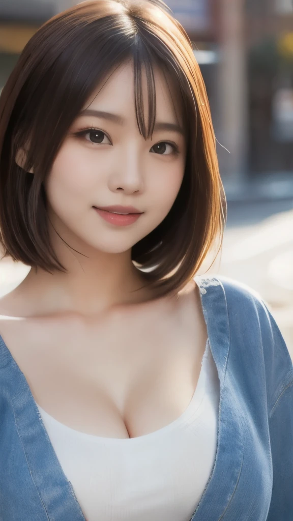 8k,Highest quality,(masterpiece:1.2),(Realistic),(Realistic:1.37),Ultra-high resolution,1 female college student,city,smile,Beautiful Eyes,(((Cute casual clothes))),Big Breasts,Perfect body,Perfect Fingers,Professional Lighting,gravure,Detailed face and skin texture,fine grain,RAW Photos