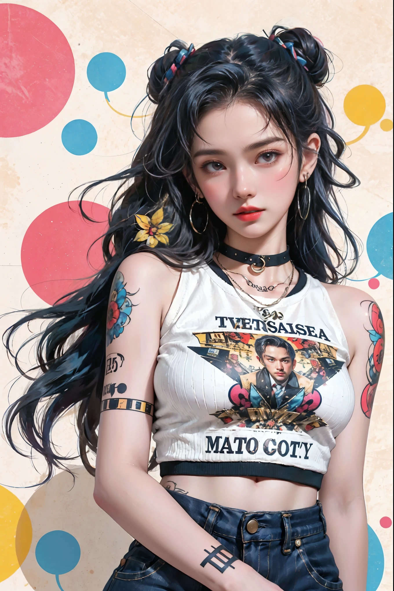 Digital collage with a style like Trash polka tattoos. The theme is music.