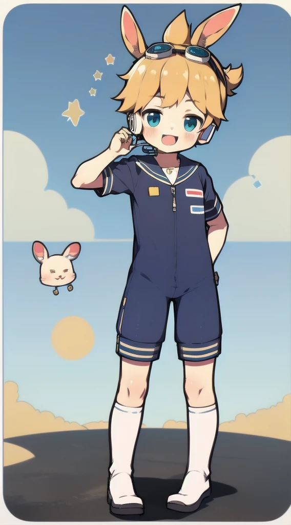 2D Boy Shota,One-piece suit,Slim, healthy body,Put the headphones on your head,stand up,goggles,Rabbit ears,Happy,Sailor collar,stocking,charming,Akimbo