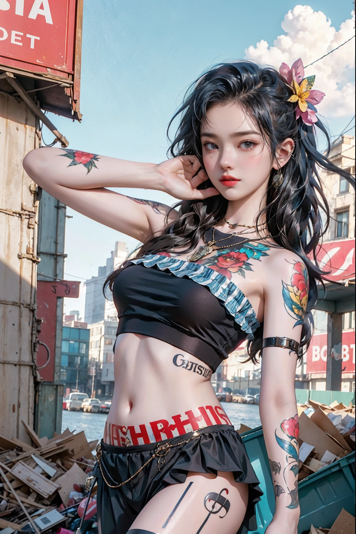 Digital collage with a style like Trash polka tattoos. The theme is music.