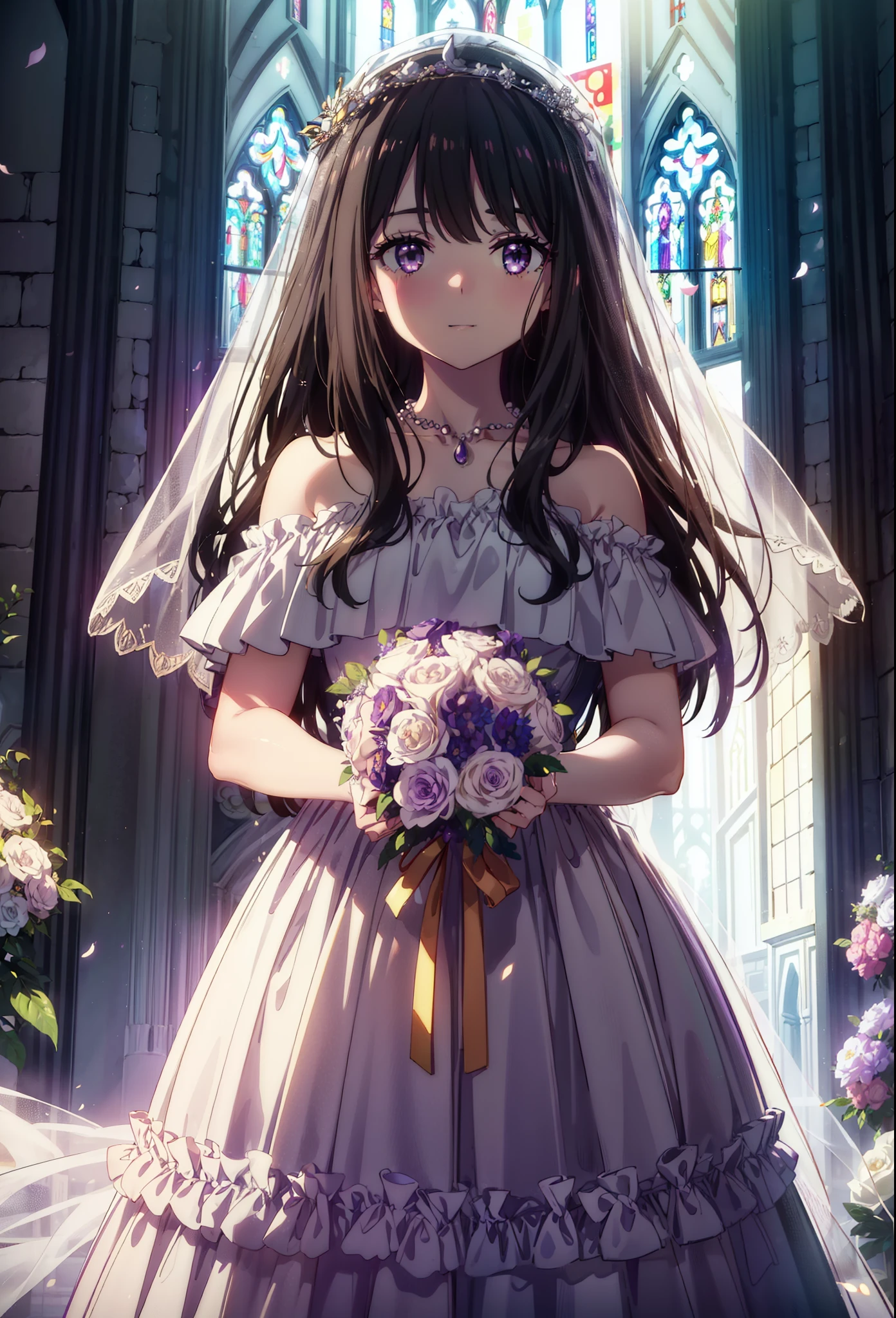 Takiuchikami, Long Hair, bangs, Black Hair, (Purple eyes:1.2),Veil,Off-the-shoulder white wedding dress,necklace,Veil,White Wedding Long Skirt,holding a bouquet of flowers in both hands,smile,blush,It's like being completely immersed in an illustration.,Daytime,sunny,
break indoors, Chapel,church,
break looking at viewer, Upper Body,(Cowboy Shot:1.5),
break (masterpiece:1.2), Highest quality, High resolution, unity 8k wallpaper, (shape:0.8), (Beautiful attention to detail:1.6), Highly detailed face, Perfect lighting, Highly detailed CG, (Perfect hands, Perfect Anatomy),