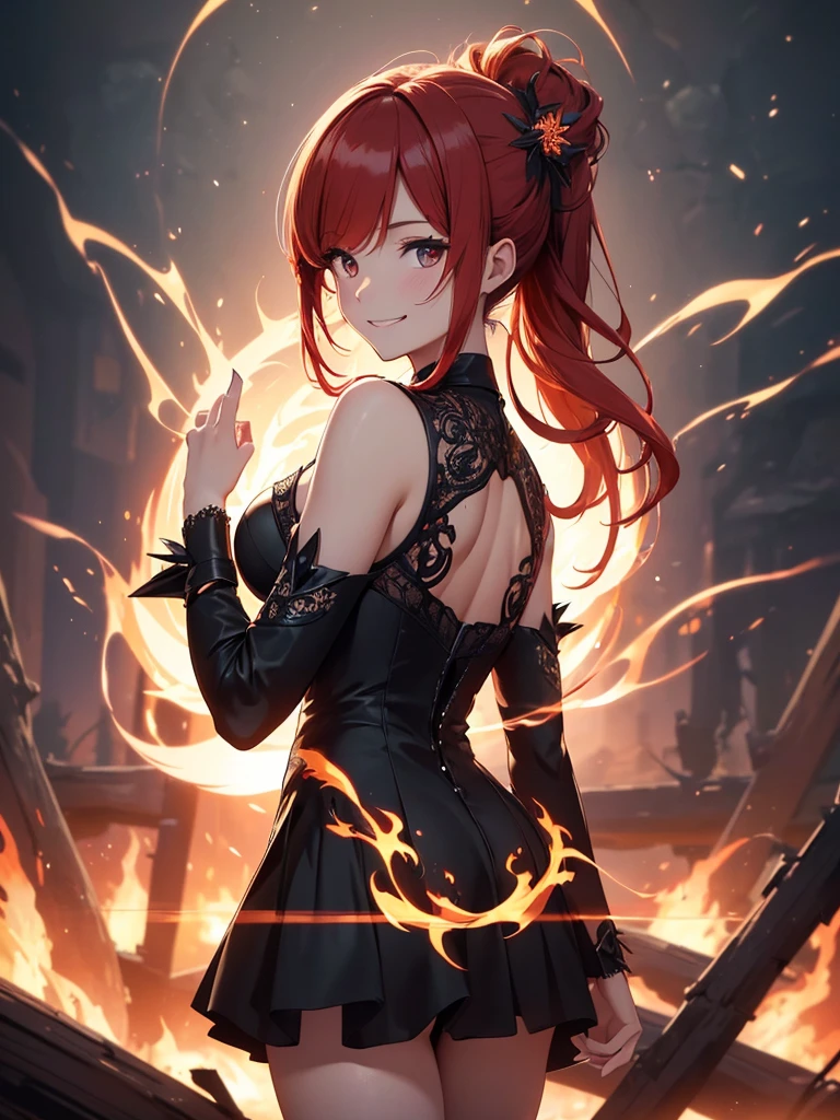 (((best quality, sharp image, clear image, cinematic lighting, 8k resolution, masterpiece, ultra detailed, intricate))) Girl, (((looking over left shoulder))), (shot from behind), ((shot from hip up)), fiery red hair, pigtails, ((intricate black dress)), ((flaming sigils, flaming runes)), spiky rock formations, (flaming lotus flowers frame), (intricate background), ((Phoenix)), (swirling flames), smiling