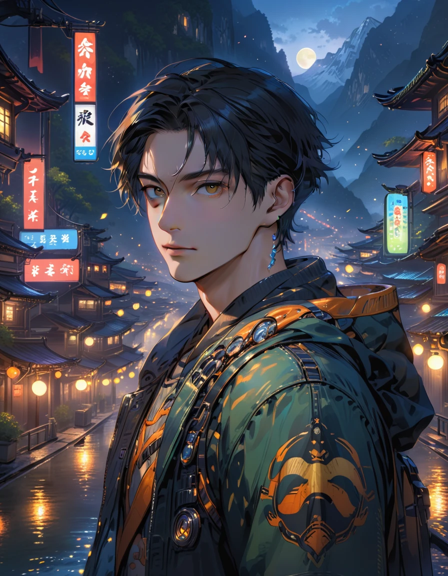Highest quality, masterpiece, High resolution,, (One man), Detailed face, (Upper Body:1.6), Cyber City, Mountains and Rivers, night, Firefly Light, Lots of details,Slightly muscular,clavicle