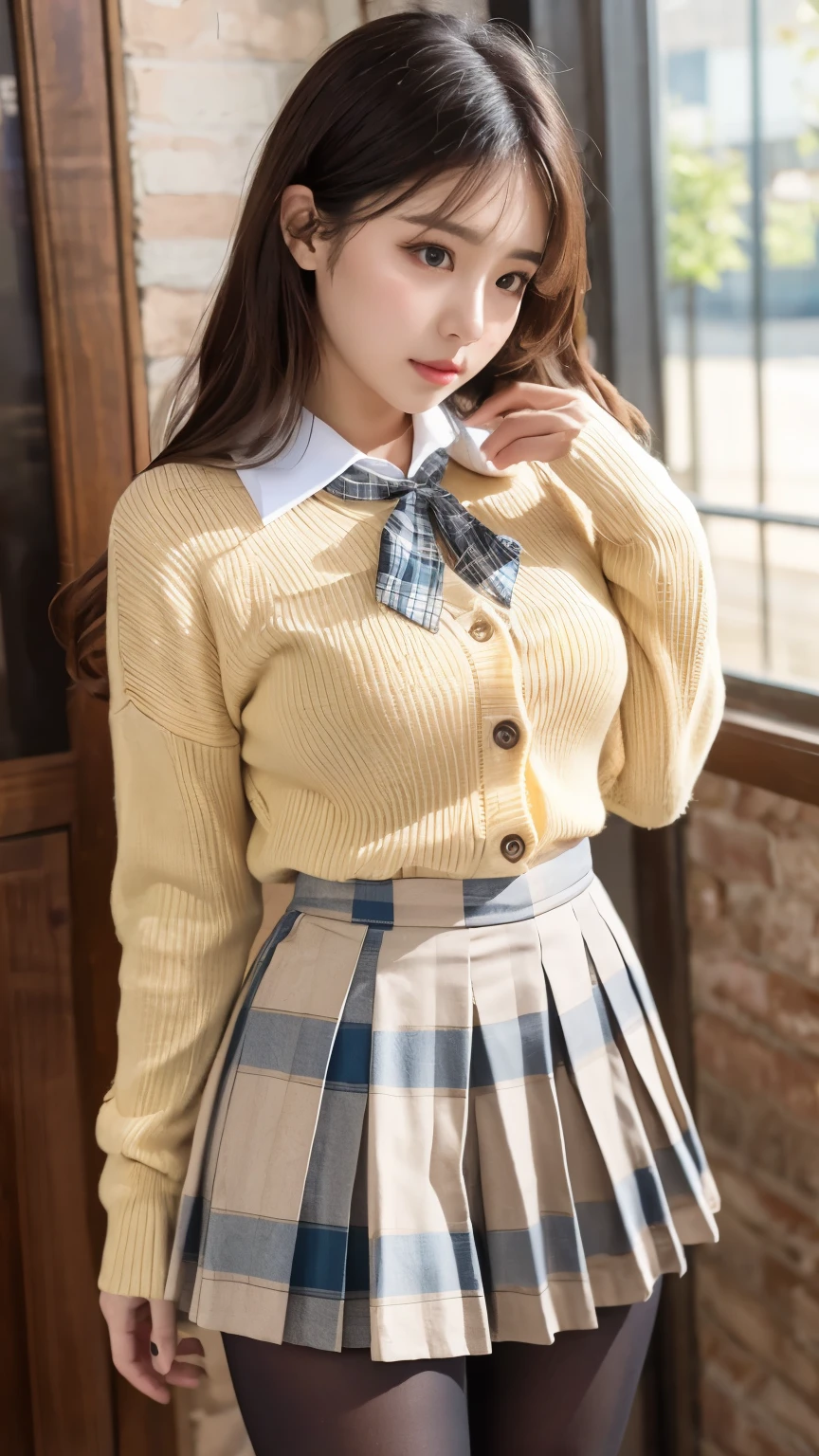 (((8k、High resolution、Highest quality、High resolution))), alone、Natural body shape、White skin、A beautiful girl of astonishing beauty、Natural Makeup、((Black Hair、bangs、Straight Long Hair))、(((Skirt Lift)))、、(:1.4)、(())、(((((Full body photo)))))、(((Shooting from the side)))、(((Wear a uniform on the upper body)))、Bedroom、(((Of high school))) 、((white collared long sleeve blouse))、((Beige cardigan))、((Pleated skirt with dark blue plaid pattern、mini skirt、Ultra-realistic pantyhose))、、turn around、Sulky look、((Bare thighs))