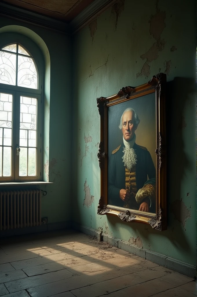 A large, old portrait hangs slightly askew on the wall, hinting at something hidden behind it. The frame is ornate but dusty, adding to the sense of forgotten secrets.