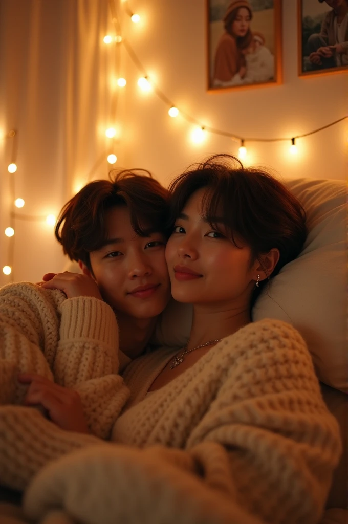 Me with Jungkook of BTS in a bedroom and we are spending romantic times together. And then we take a picture together. I laid on his shoulder and he smiled very softly. We look falling in love. Details.