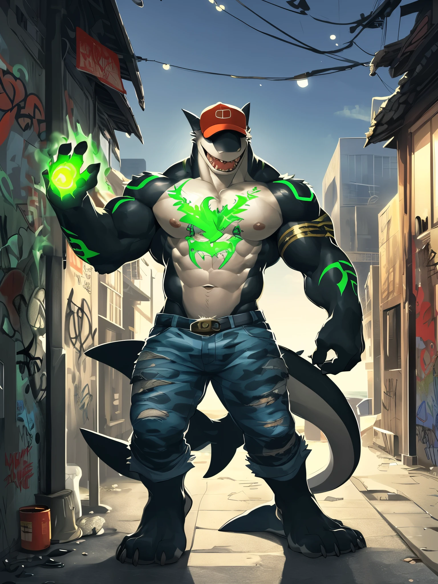 (((shining green magic tattoos all over his body))), hi res, (shark), anthro, 4 fingers, main body black colour, flex, ((two-tone black and white body)), hidden eyes, ripped camo pants, (red cap), baseball cap covering eyes, male, muscular, muscular anthro, muscular male, big tail, tail has gold piercings, rubbery skin, outside, plant, sea, solo, city, (graffiti), detailed background ,by milkytiger1145,by takemoto arashi,by null-ghost, warm atmosphere, open smile, by shockjaws