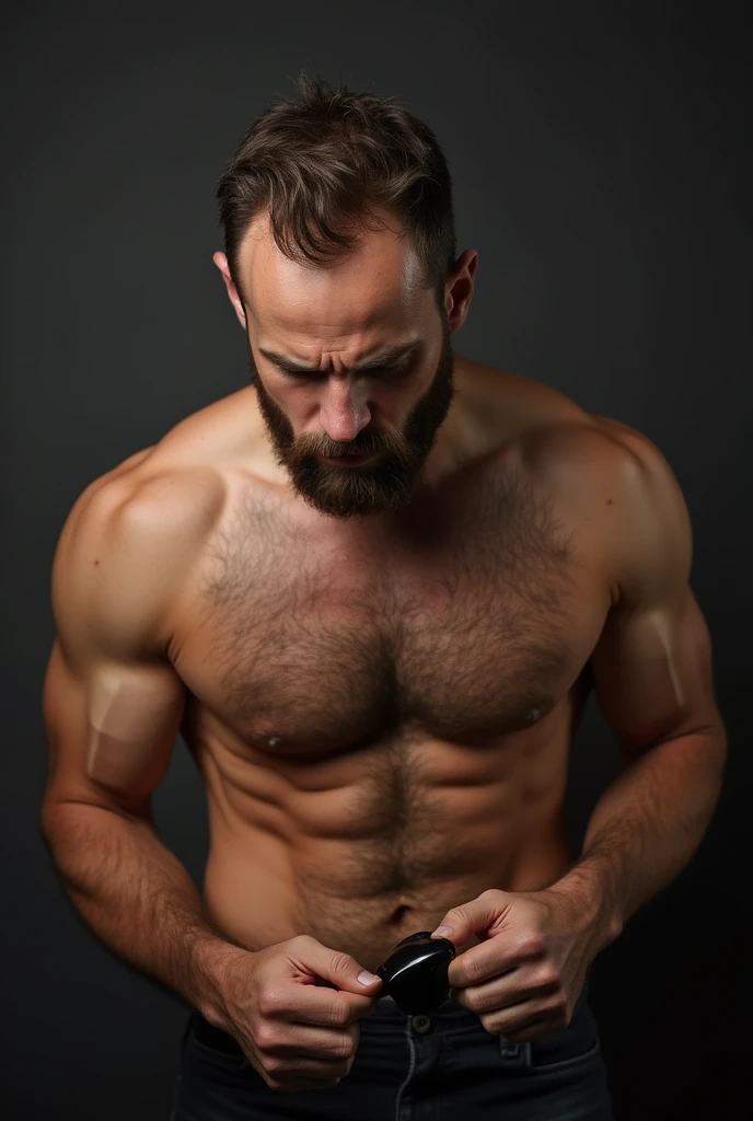 man masturbating holding hard hairy penis handjob