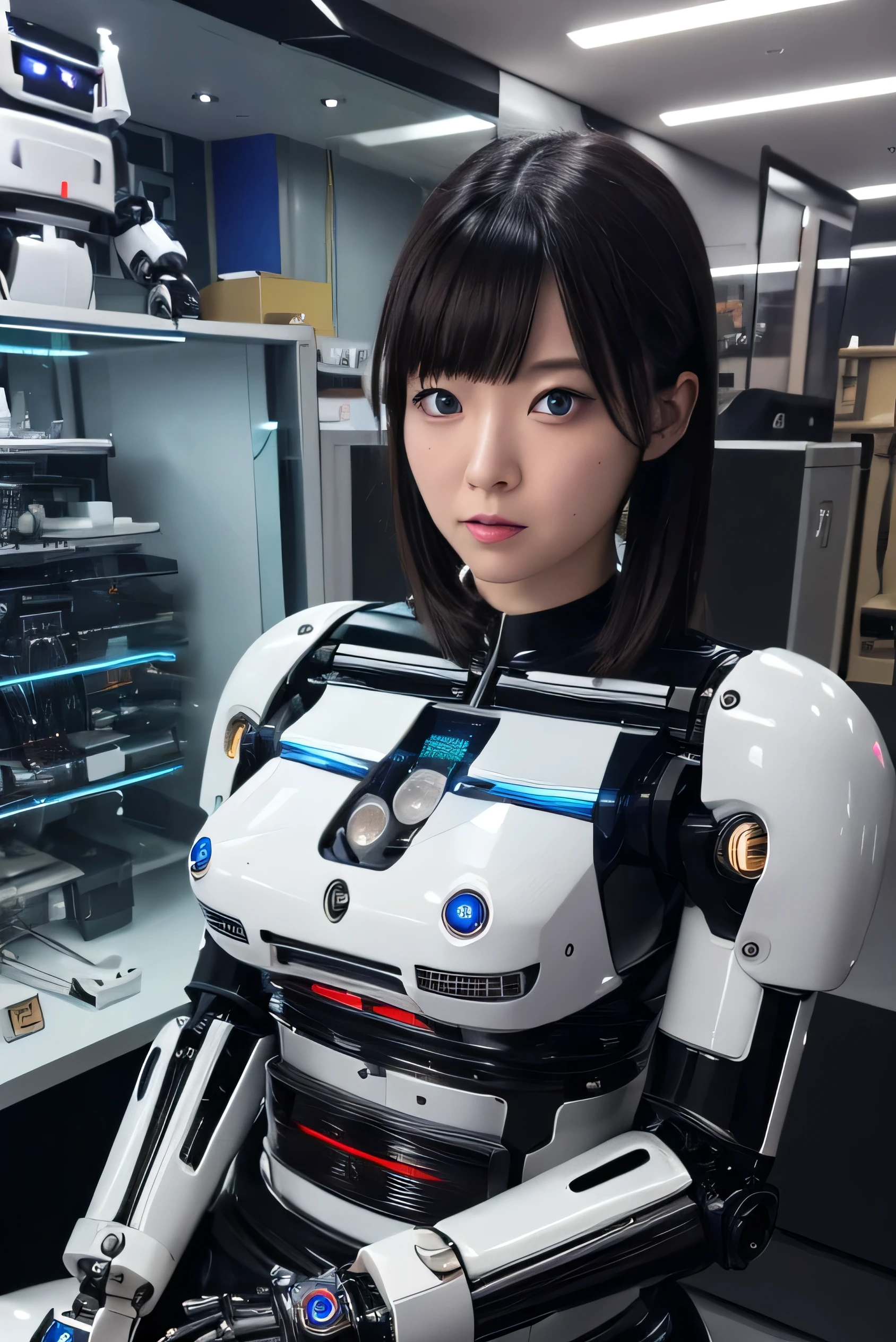 masterpiece, best quality, extremely detailed,8k portrait,Japaese android girl,Plump,control panels,android,Droid,Mechanical Hand, Robot arms and legs, Black Robot Parts,Black hair,Mechanical body,Blunt bangs,White robotics parts,perfect robot girl,long tube,thick cable connected her neck,ceramic body ,mechanical body,mechanical costume,android,robot,humanoid,cyborg,japanese android woman,mechanical chest,future laboratory,connecting a cable between the legs,（blue eyes:1.5）,(Glowing Eyes Meme:1.2)