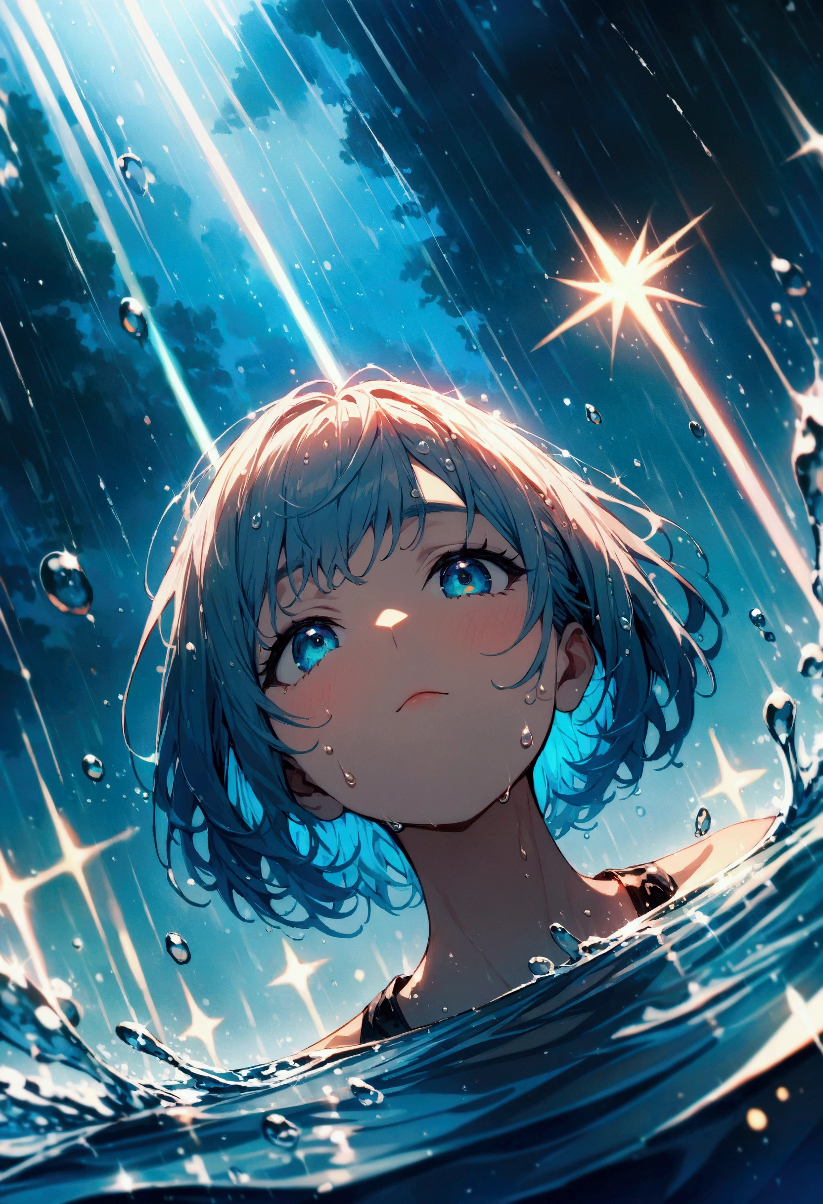 short hair,Beautiful sky, rain，(Crystal clear rain sparkles in the sky,Water Drops), masterpiece,high resolution,Wide-angle lens
