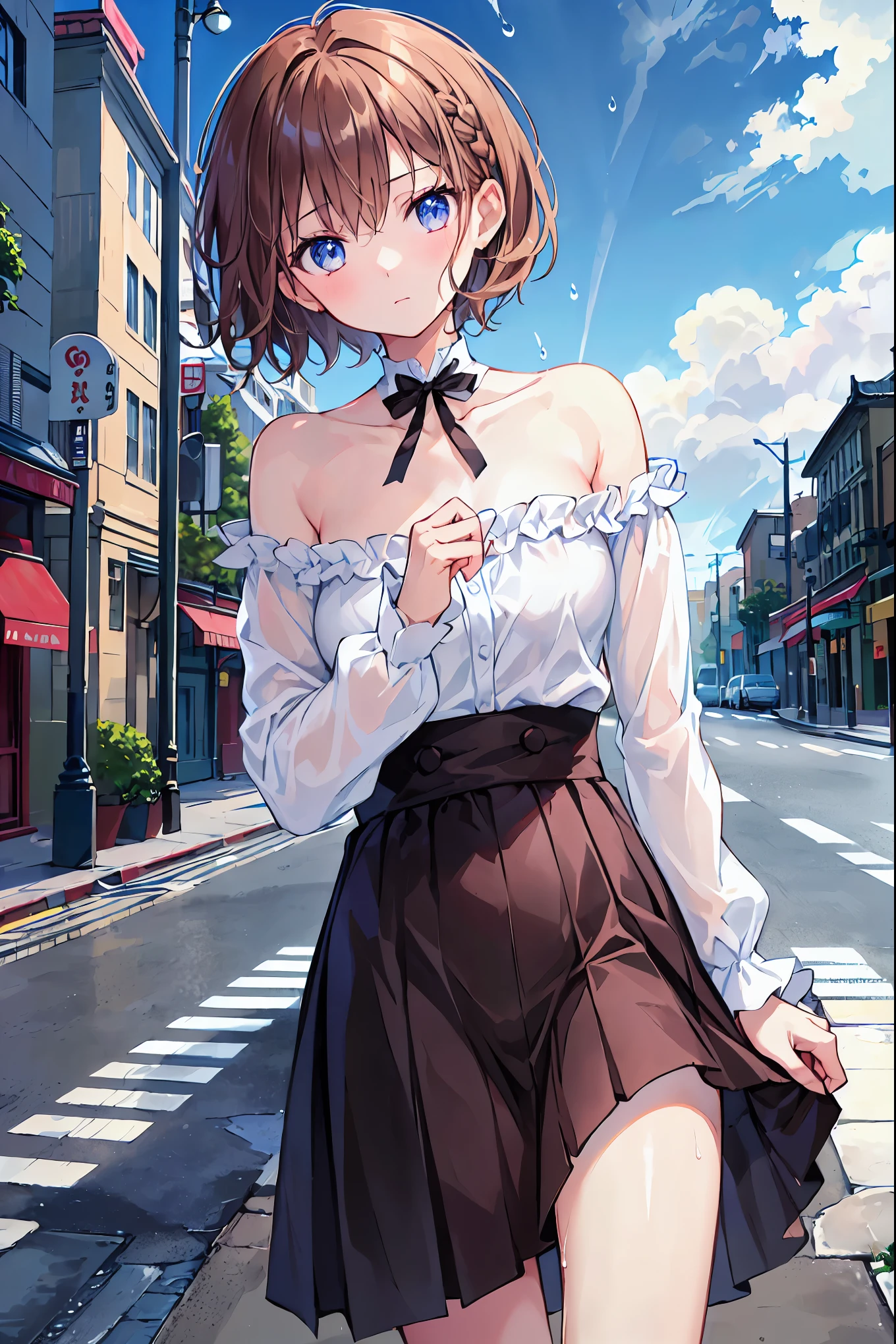 Tabletop, Highest quality,figure, wallpaper, Super detailed, Absurd, One Girl, alone, (Medium Short Hair、Short braided hair), Beautiful attention to detail, Rainfall、Water droplets fall、Wet your hair , Look to the side, (street:1.5), Cloudy、Distant Moon,Small breasts,Flat chest,Brown Hair,Shortcuts,Messy Hair,Slender beauty,Beautiful feet
