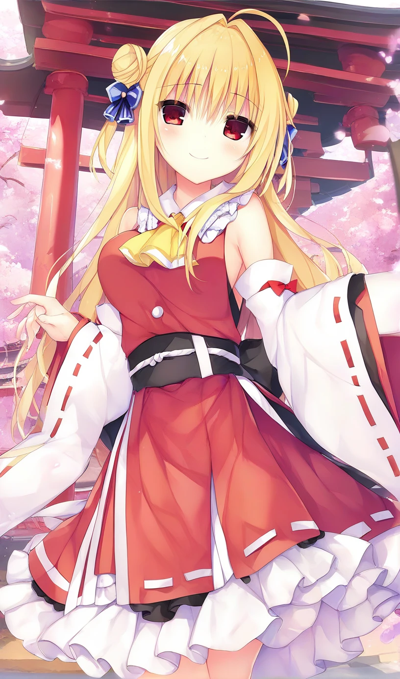 hiyori-default,red eyes,blonde hair, double bun,ahoge,1girl,独奏,detached sleeves,hair bow,red bow,ascot,hair tubes,skirt,frills,red skirt,yellow ascot,wide sleeves,standing,frilled bow,red shirt,frilled skirt,ribbon-trimmed sleeves,frilled shirt collar,bare shoulders,red vest,petticoat,nontraditional miko,smiling,shrine