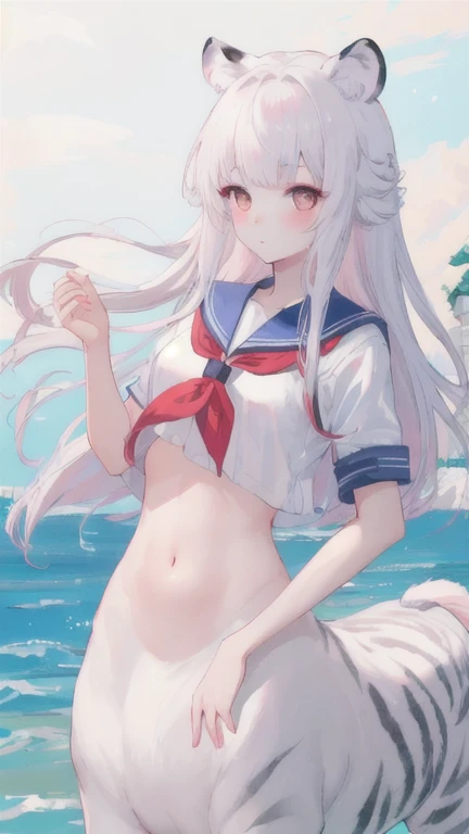 (best quality, masterpiece), 1 girl, centaur, I beg, White skin, Korean schoolgirl,  ,black pink, exposing the abdomen, beautiful girl perfect, White tiger photo, 완벽한  White tiger photo