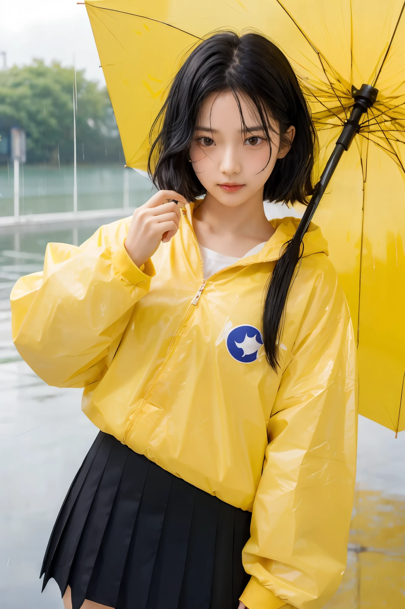(((1 girl))), ((((alone)))), ((Messy Hairstyle)), Standing and taking pictures, (((I have black hair)), conjunctivitis, Korean  school girl, holding yellow an umbrella, rainy day