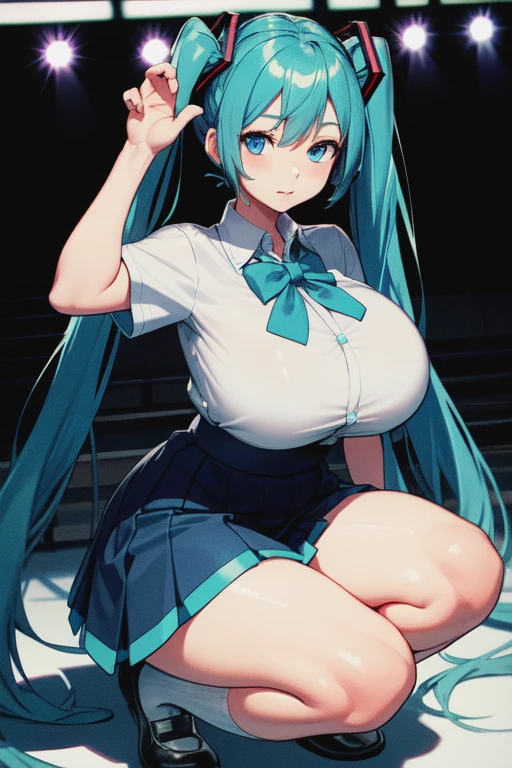 Hatsune Miku, NSFW, no shirt, no bra, gigantic breasts, lifting skirt, no panties, dripping pussy, , city background, from below, Youtube MMD,