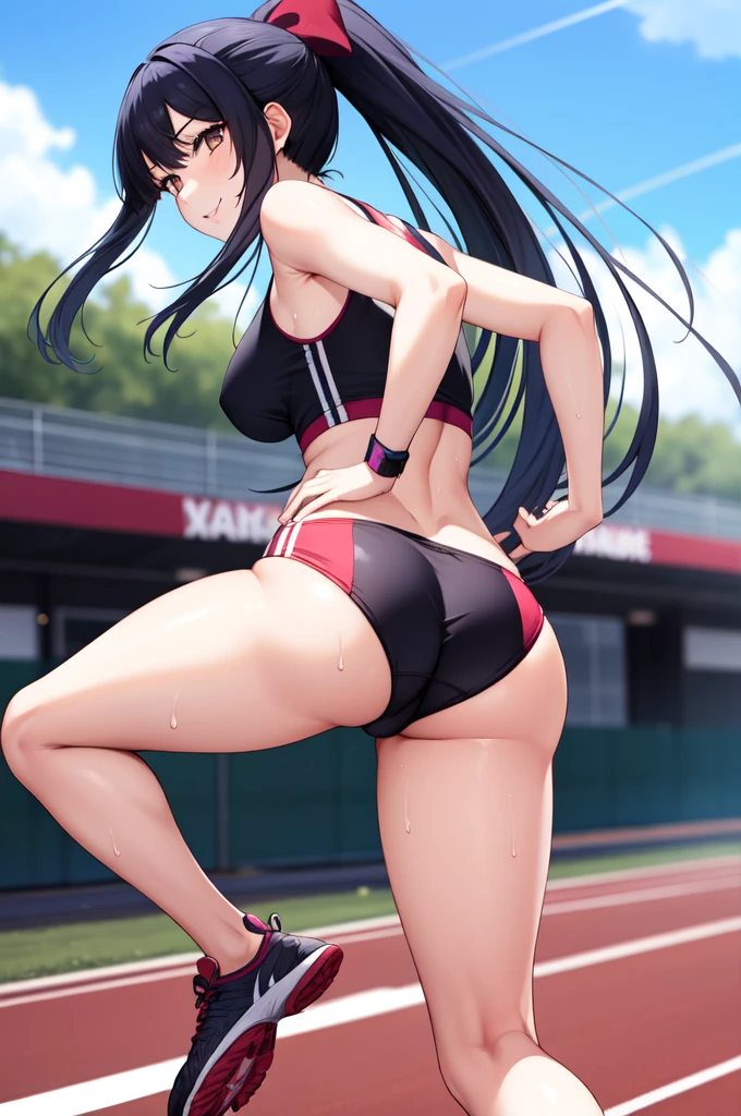 Akane Ryuzouji/Akane Ryuzoji/Akane Ryūzōji (walkure romance/Valkyrie Romance), masterpiece, best quality, a sexy sports woman in sports bra and high leg bottom running on the track field, 1girl, 独奏, sweat, navel, breasts, cleavage, white and red sports bra, high leg buruma, wrist bands, running shoes, smile, ponytail, long straight hair, black hair, brown eyes, slender face, medium breasts, slender body, beautiful tits, beautiful ass