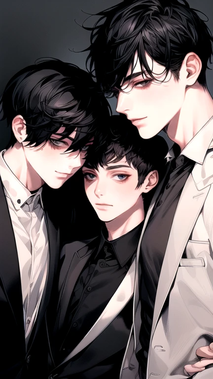 (Masterpiece), (High Quality), Very detailed, (( Threesome guy)), Perfect Face, Beautiful Face, Very detail, (short Black-haired man), (mid white-haired man)、white shirt, open shirt and black suit, chocolate, long eyelashes, shining, effection, open shirt, teased,