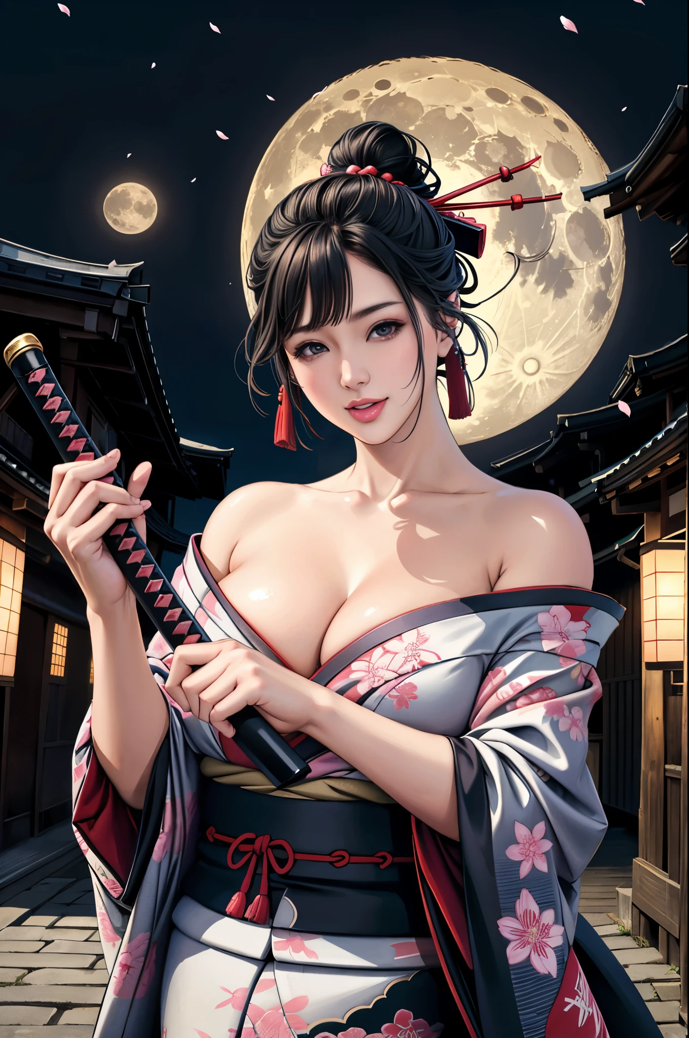 (Browsing Caution), (RAW Photos), (Realistic), (Photorealistic), Ultra-high resolution, masterpiece, Highest quality, Portraiture, facial Portraiture, Perfect lighting, Detailed lighting, Dramatic Shadows, Ray Tracing, Pure Eros Face_v1, Urzan-6500-v1.1, ((smile)), ((upper body:1.2)), ((random sexy pose)), looking at viewer, ((wearing a kimono)), ((off shoulders kimono)), ((holding a Japanese Katana)), ((in old Japanese street)), ((night)), ((full moon)), ((background with Cherry blossom)), ((Japanese tattoo)),
