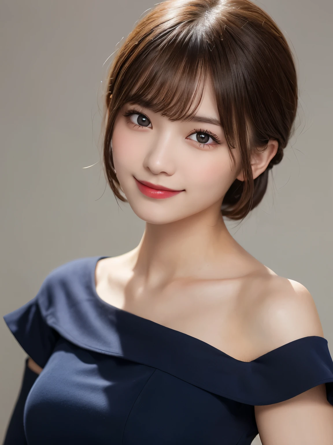 white background, half body portrait, bust shot, looks very happy, smile, one girl, (a beauty girl, delicate girl:1.3), (20 years old:1.3), break, (wear off shoulder navy dress), break, very fine eyes, (symmetrical eyes:1.3), break, F cup breasts, brown eyes, parted bangs, short hair, brown hair,  (eyes and faces with detailed:1.0), break, (masterpiece, best quality, ultra detailed, detailed face, 8k)