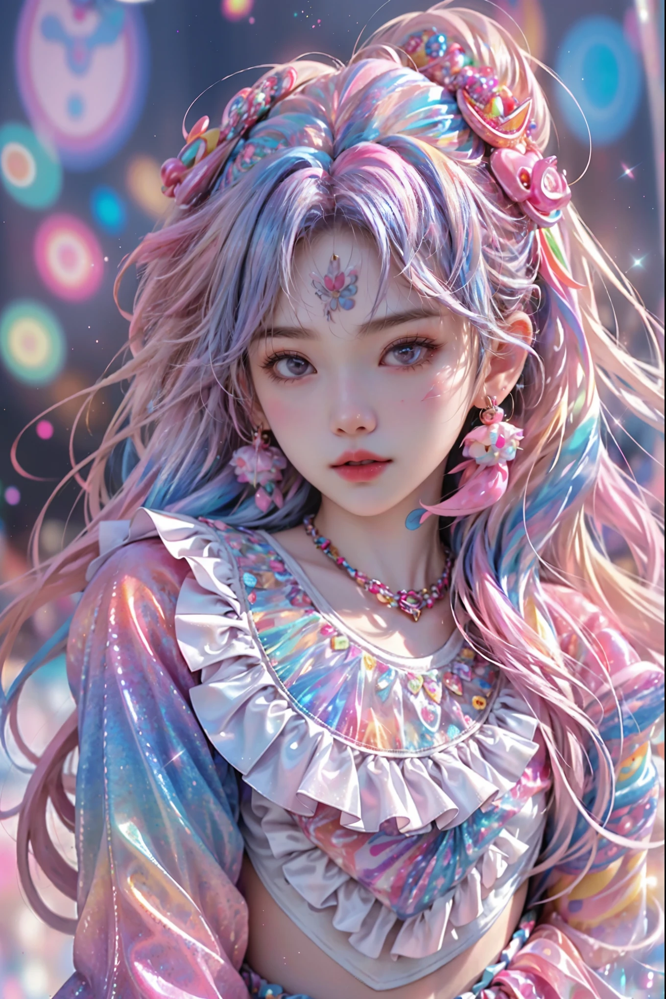 This image is soft and cute. Generate a lovely decora adult woman in the style of Olya Anufrieva on Artstation and Harajuku street fashion. The woman's hair is curly and glossy and styled cutely. The woman's clothes and accessories should be highly ornate in the ((((Harajuku decora)))) and decora kei style. Her eyes are important and stunning, with interesting coloring and patterns. Include strawberries. Accessories are important and should be visual kei and decora kei. (((masterpiece))), colorful hair, curly hair, ((sparkle, sparkles)), (((iridescence))), rainbows, strawberry accessories, kawaii, ((lots of accessories)), cute bandaids on face, ((movie poster)), ((ribbons)), bows, (face accessories), patterns