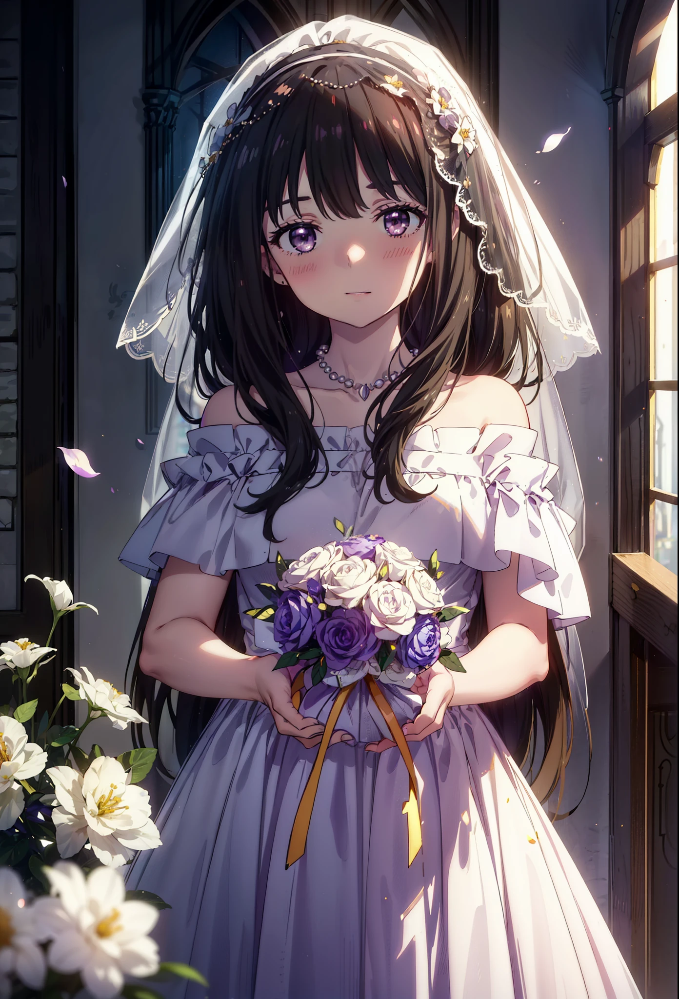 Takiuchikami, Long Hair, bangs, Black Hair, (Purple eyes:1.2),Veil,Off-the-shoulder white wedding dress,necklace,Veil,White Wedding Long Skirt,holding a bouquet of flowers in both hands,smile,blush,It's like being completely immersed in an illustration.,Daytime,sunny,
break indoors, Chapel,church,
break looking at viewer, Upper Body,(Cowboy Shot:1.5),
break (masterpiece:1.2), Highest quality, High resolution, unity 8k wallpaper, (shape:0.8), (Beautiful attention to detail:1.6), Highly detailed face, Perfect lighting, Highly detailed CG, (Perfect hands, Perfect Anatomy),